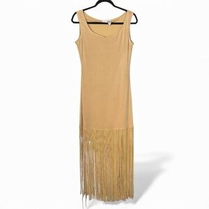 Together Gold Fringe Hem Slinky Maxi Dress Sleeveless Vintage Style Women’s Sz S